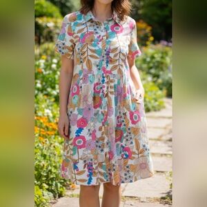 Tolani Collection Tiered Button Front Short Sleeve Floral Dress w Pockets NWOT